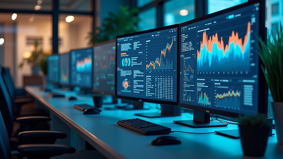 Eye-level view of a modern office workspace with multiple computer screens displaying data analytics