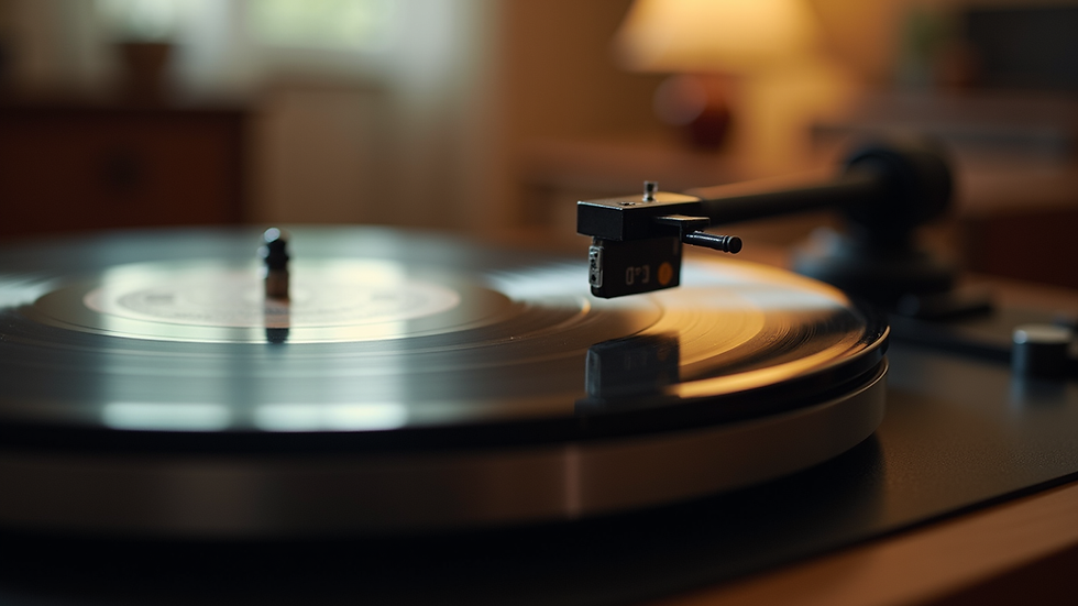 Eye-level view of a vintage record player with vinyl records