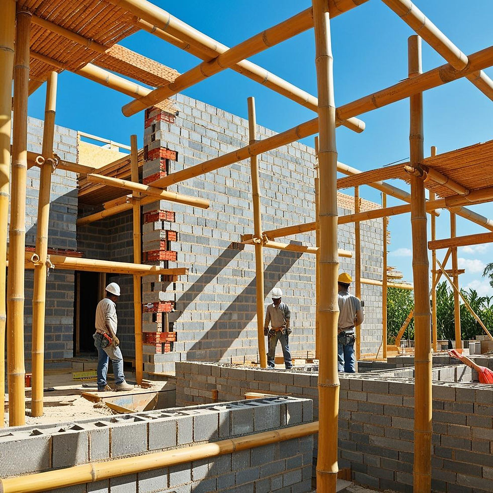 Construction workers with hard hats at a site with bamboo scaffolding and gray brick flyash walls.