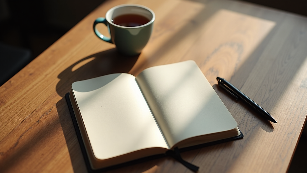 High angle view of a journal and pen beside a cup of herbal tea on a wooden table
