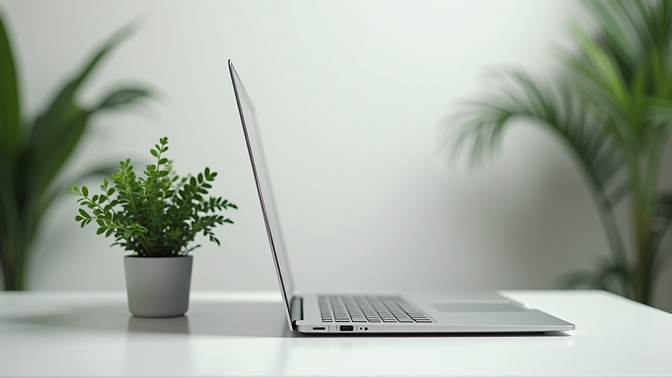 Close-up of a minimalist desk with a small green plant and a laptop