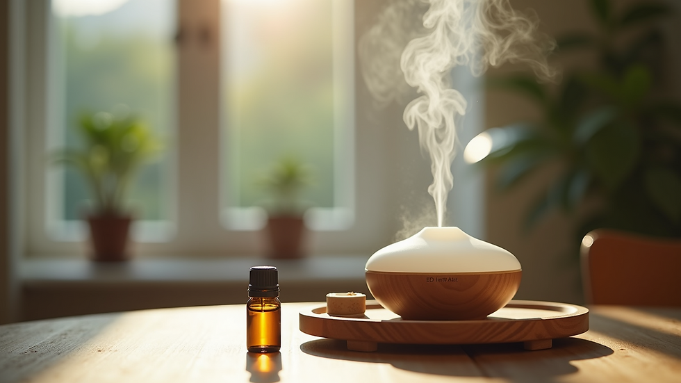 Eye-level view of a diffuser releasing mist on a wooden table with essential oils nearby