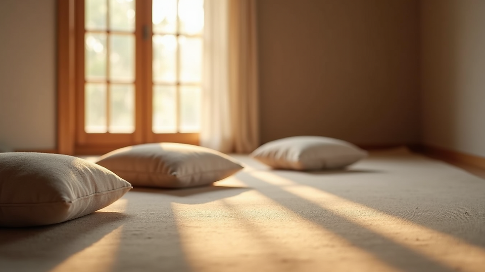 Eye-level view of a serene meditation space with cushions and soft lighting