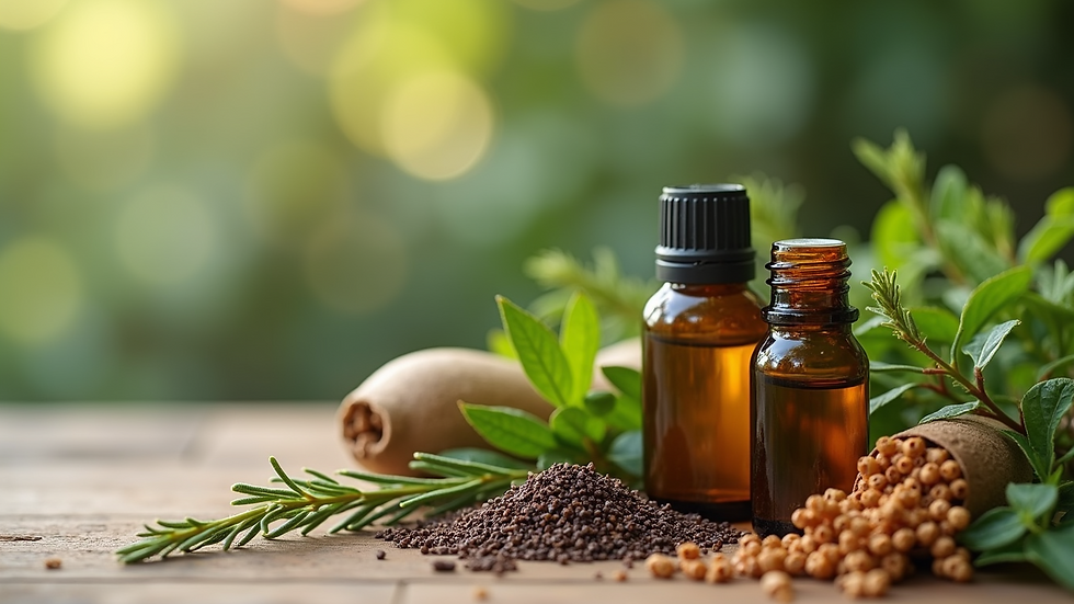 Close-up of essential oils and natural herbs arranged on a wooden table