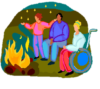 A group of people around a campfire, one standing, one sitting, one in her wheelchair.