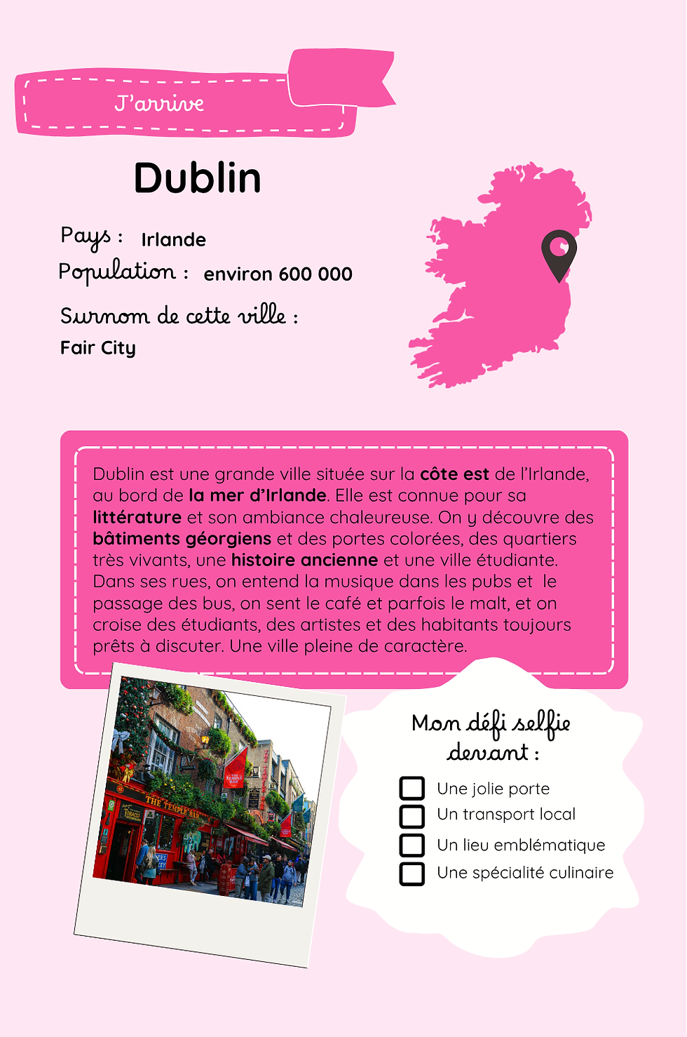 Page ville du carnet Dublin : pays, population, surnom et défi selfie