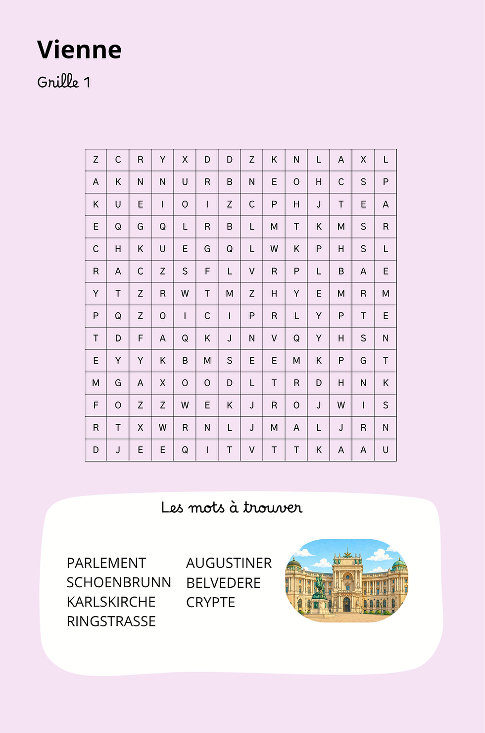 Grille de mots mêlés sur Vienne à remplir, carnet de voyage enfants