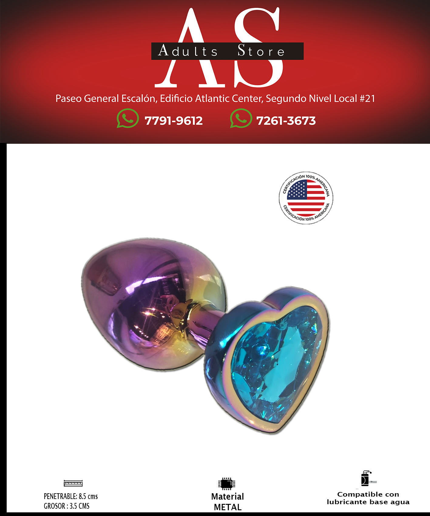 Dilatador Joya Multicolor  Anal Corazón Aqua.