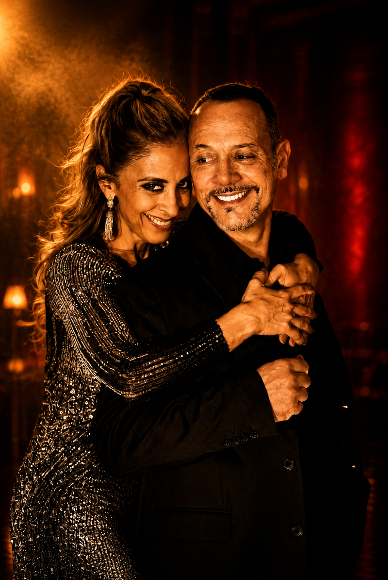 Diego Santana and Giselle Bobolis in a close Tango embrace, wearing a silver dress and black suit.