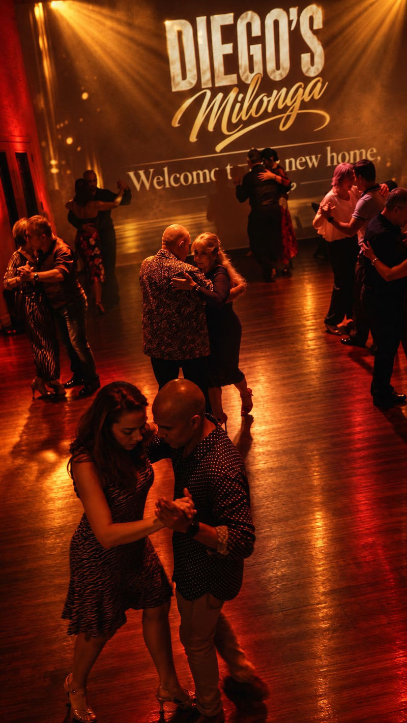 A milonga dance floor with dancing couples and the Diego’s Milonga screen