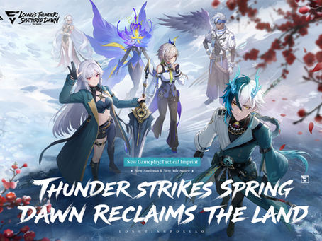 Anime characters in winter attire pose in a snowy landscape with red blossoms. Text: Thunder Strikes Spring. Mood is mystical and epic.
