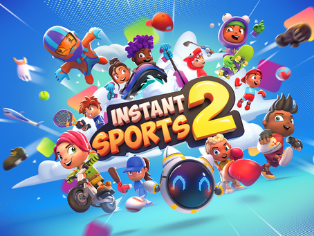 Cartoon characters play various sports, including skateboarding and baseball, against a dynamic blue background. Text: Instant Sports 2.