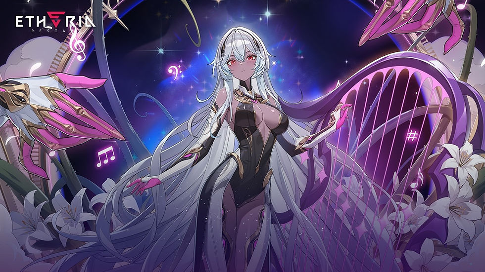 A character with long white hair plays a harp surrounded by lilies and musical notes on a starry blue background. Text reads "Etheria: Restart".