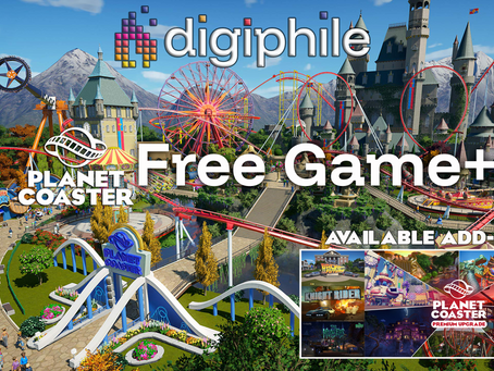Amusement park scene with roller coasters, Ferris wheel, and castle. Text: "Planet Coaster Free Game+ Available Add-Ons." Bright and lively.