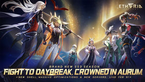 Anime-style characters in dramatic poses under a starry sky. Text: "Fight to Daybreak, Crowned in Aurum." New season announcement.