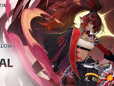 Anime character wielding a large sword, wearing a red and black outfit. Text reads Etheria, Hollow, SSR Asal Blade Frenzy. Dynamic pose.