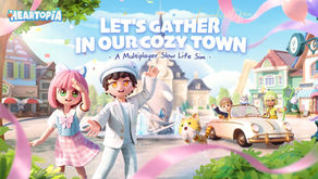 Cartoon characters wave in a vibrant town scene. A yellow cat jumps near a car with kids and a puppy. Text: "Let's gather in our cozy town."