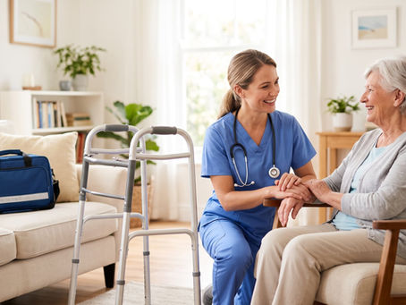 Home health nurse visiting a smiling older adult at home for Medicare home health care