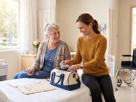 Adult daughter helping her parent pack for discharge from the hospital