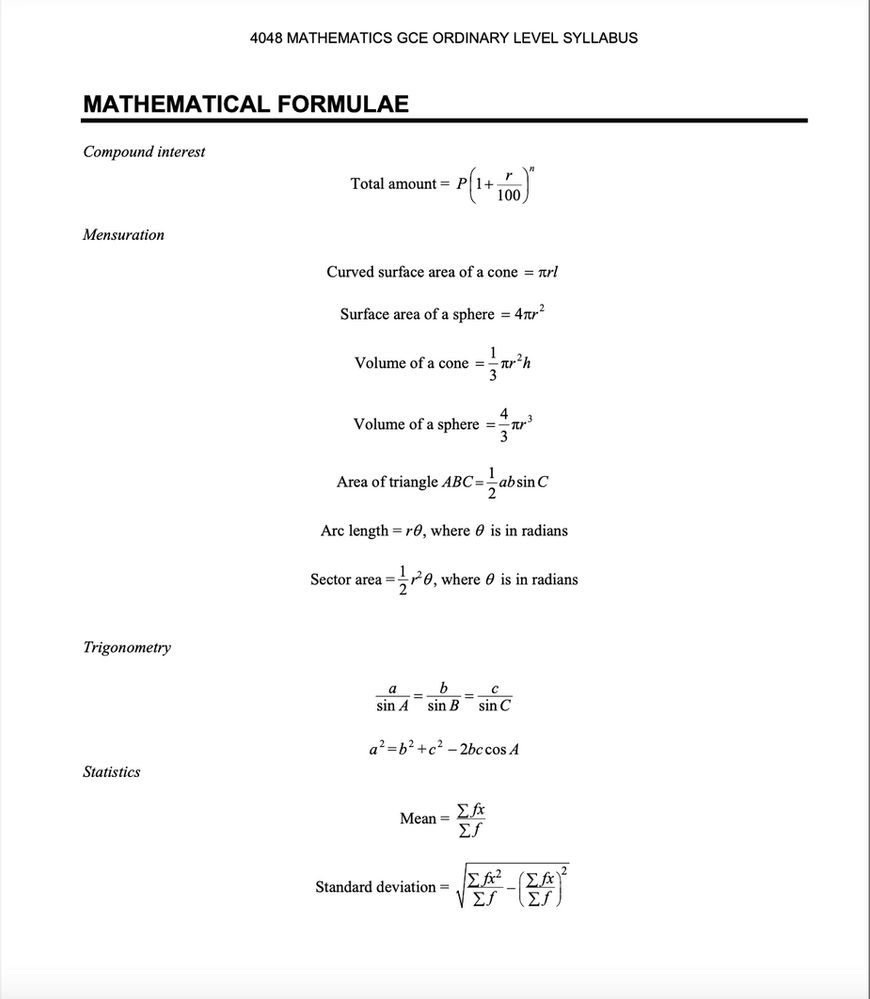 O Level E Math Formula Sheet