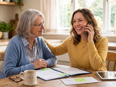 Daughter on the phone and her mother reviewing approval paperwork at a sunlit kitchen table