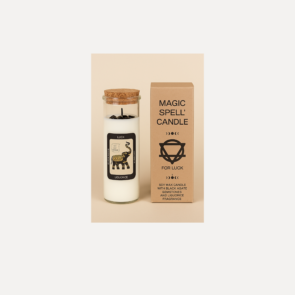 Magická sviečka na šťastie s čiernym achátom a vôňou sladkého drievka – Magic Spell Candle s krabičkou