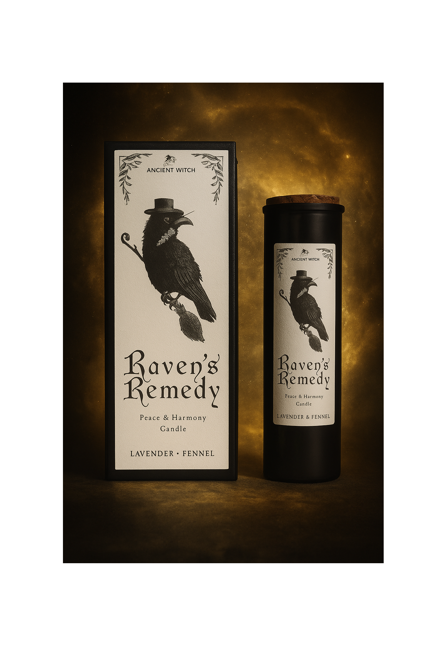 Mystická čarovná sviečka Raven's Remedy s vôňou levandule a fenikla – rituál harmónie a pokoja, zobrazená s elegantným čierny