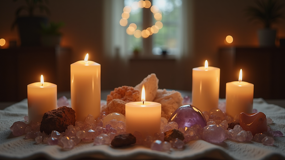Eye-level view of altar with candles and crystals for moon ritual