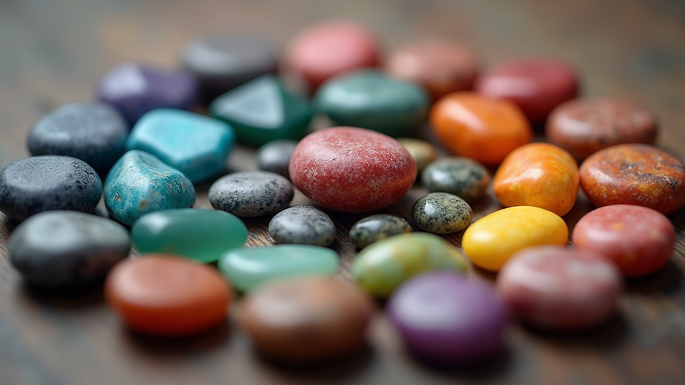 Close-up of colorful chakra stones arranged in a circle