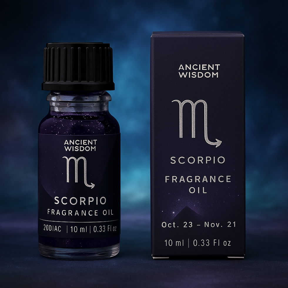 Zodiac olej Škorpión – 10 ml fľaštička s tmavou tekutinou a astrologickým symbolom, mystické balenie vhodné pre rituály.