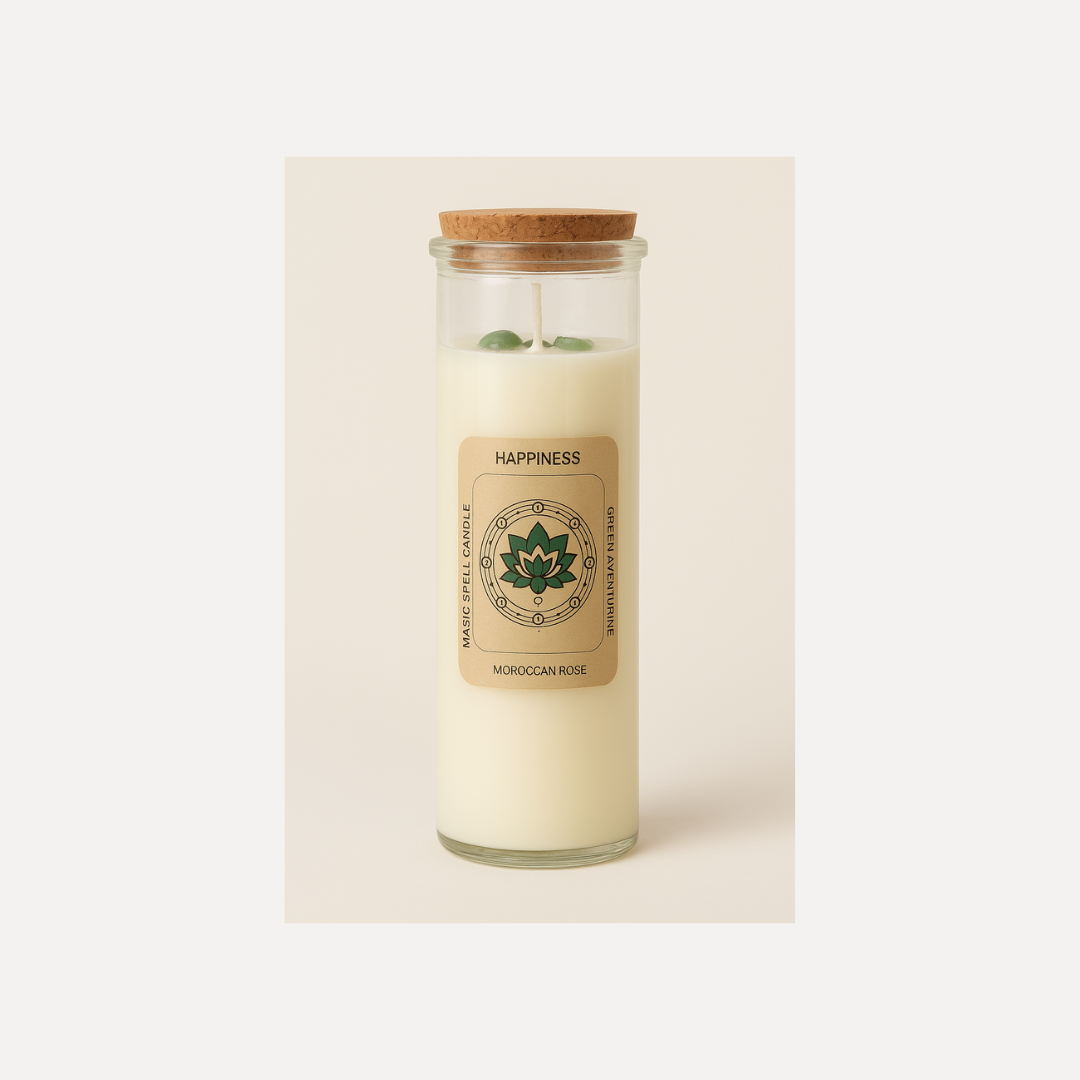 Sviečka RADOSŤ so zeleným avanturínom a vôňou marockej ruže v mystickej krabičke – magická sviečka na šťastie.