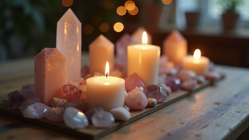 Close-up of crystals and candles arranged for moon ritual