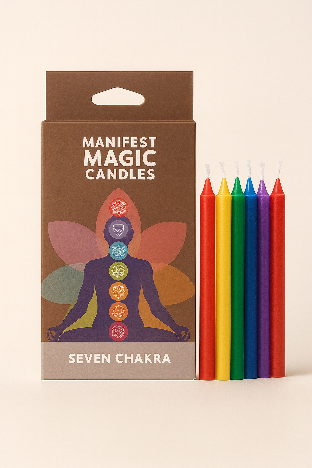 Sada rituálnych sviečok pre 7 čakier s balením Manifest Magic Candle – pohľad zhora, vhodné na duchovné rituály, meditácie a