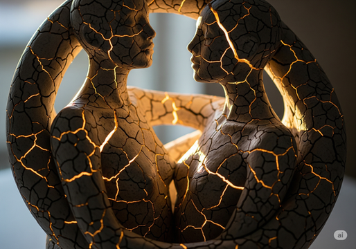 Statue de 2 femmes face à face, dont la surface craque et se fissure et qui représente la confiance dans le couple