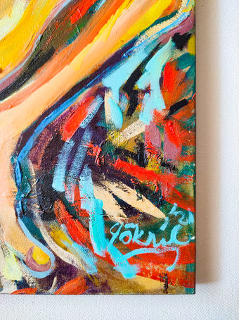 Reflex 
By Göknil Gümüş Sungurtekin
Oil on Canvas
Size: 55 W x 55 H x 3 D cm , Detail
In this painting, she focuses on protecting the body with intuitive aura energy. The artist, who is interested in feminine energy studies, explores her own body and chakras. And she has been working in his own subconscious since 2014. This series aims to show the effects of spiritual and energies on the energy body with colors. She makes an intuitive hypothesis about how a tense body is healed by the energy of these colors. An emotional response and physical perception of the reflex inspired her. The healing of colors is a known fact today. She thinks to uses of colors together, the transfer of the right emotions to the human spirit, and the harmonious combination of colors to deliver the beautiful, the right and the good is another dimension and requirement of the art.

Original Created: 2021
Subjects: Nude
Materials: Canvas
Styles: Conceptual Figurative Expressionism Art Deco Modern
Mediums: Oil
www.goknilgumussungurtekin.com