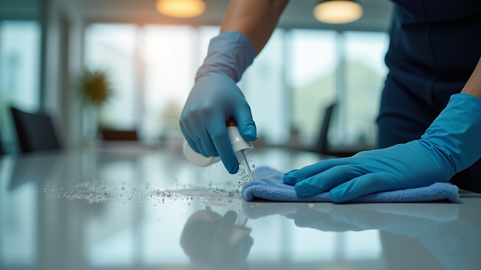 Eye-level view of a professional cleaner disinfecting an office desk