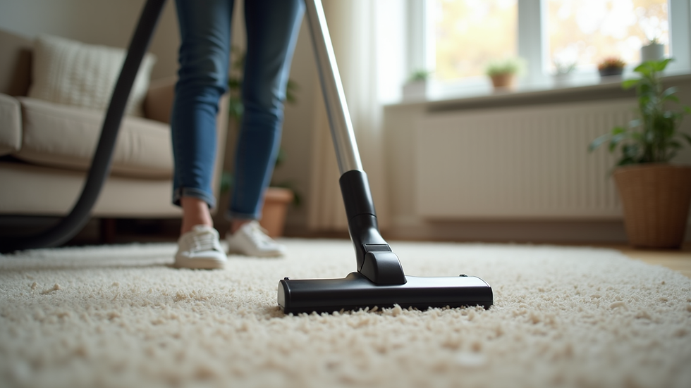 Close-up view of a person vacuuming a carpet in a living room