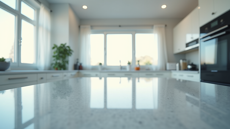 Eye-level view of a clean and empty kitchen with shiny countertops