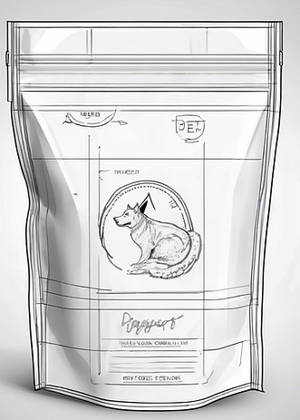 design sketch of pet food pouch on a white background with blueprint lines with a plain fr