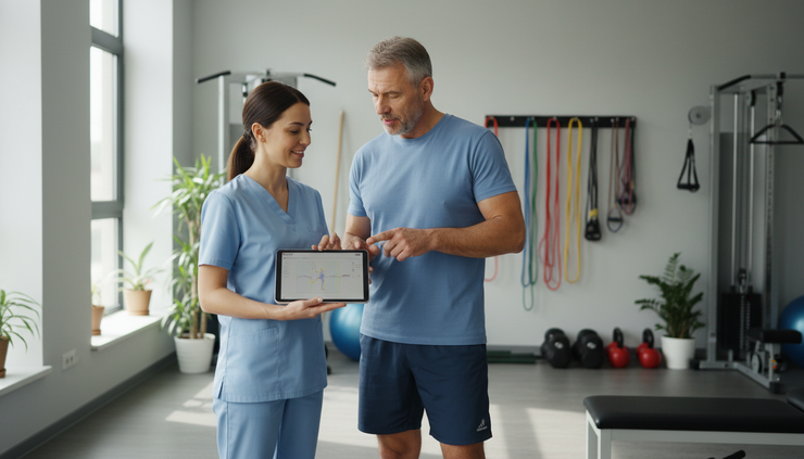 Eye-level view of a physiotherapist reviewing movement progress with a patient beside exercise equipment.
