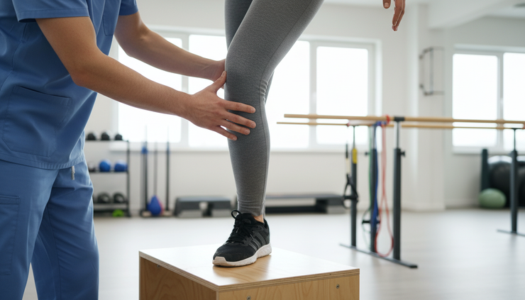 Close-up of a clinician helping a patient adjust knee position during a step-down exercise.