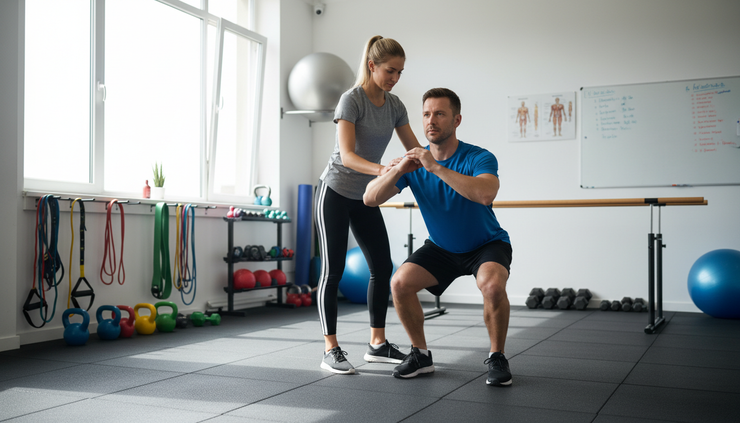 Eye-level view of a physiotherapist guiding a patient through a controlled squat in a rehab gym.