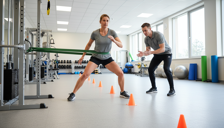 Wide-angle view of an athlete performing a resisted lateral movement with a clinician nearby.