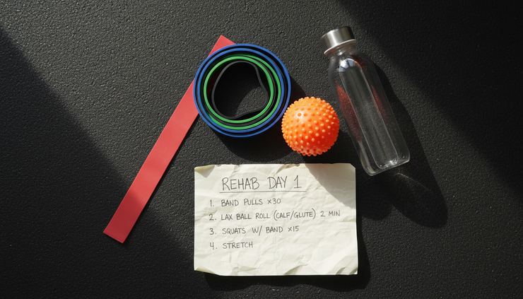 Overhead view of resistance bands and a simple exercise plan on a gym mat.