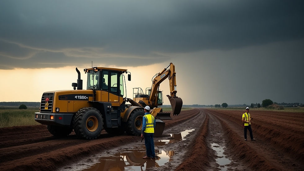 Summer storms are coming. Learn how WNR Plant Hire helps South African contractors protect their sites, plan for wet weather, and keep productivity high during the rain season. A South African construction site under approaching rain clouds, workers in reflective vests securing equipment, water pooling on compacted soil, roller and excavator standing by, dramatic sky with hints of sunlight breaking through, realistic cinematic lighting, professional editorial photo style.