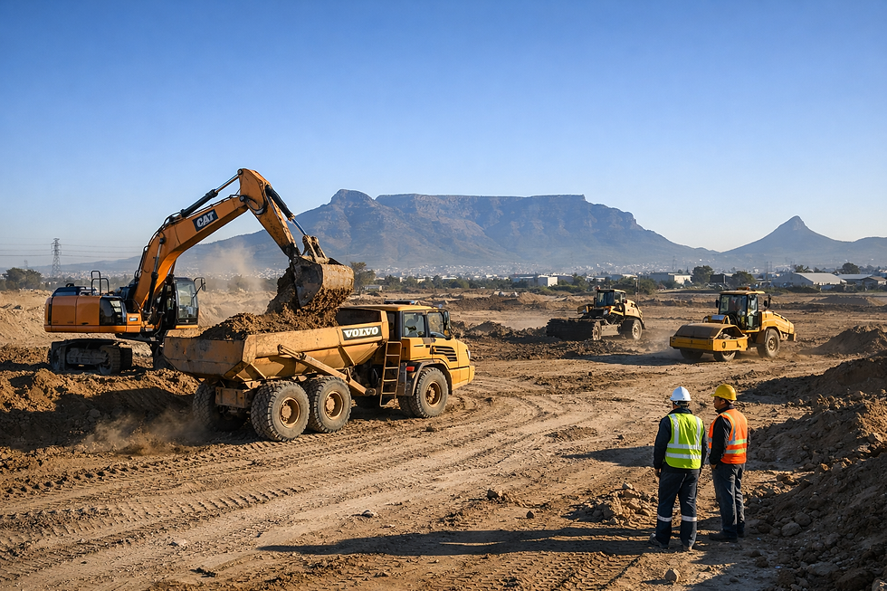 Active South African construction site in early winter with excavator loading a dump truck, dry dusty ground, long shadows, and clear blue skies.