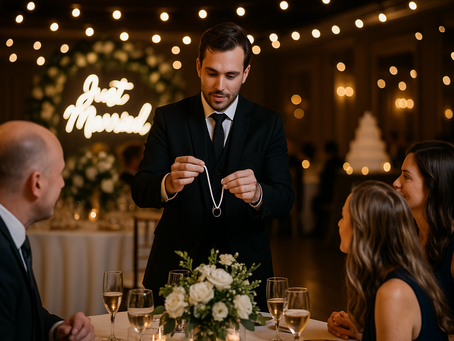 Magicien performant un tour à une table lors d'un mariage.