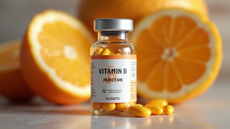 Eye-level view of a vitamin B complex injection bottle