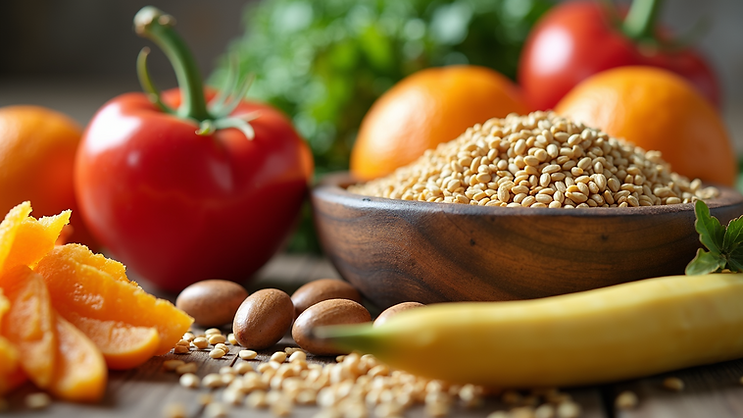 Close-up view of various B vitamin sources such as fruits, vegetables, and grains