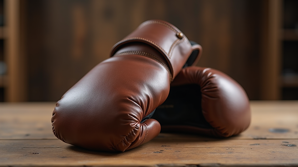 Nahaufnahme von hochwertigen Leder-Boxhandschuhen auf einem Holztisch